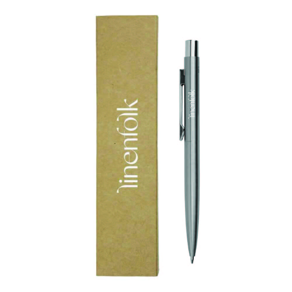 Recycled Stainless Steel Metal Pens, Push Button, Blue Ink - Image 1