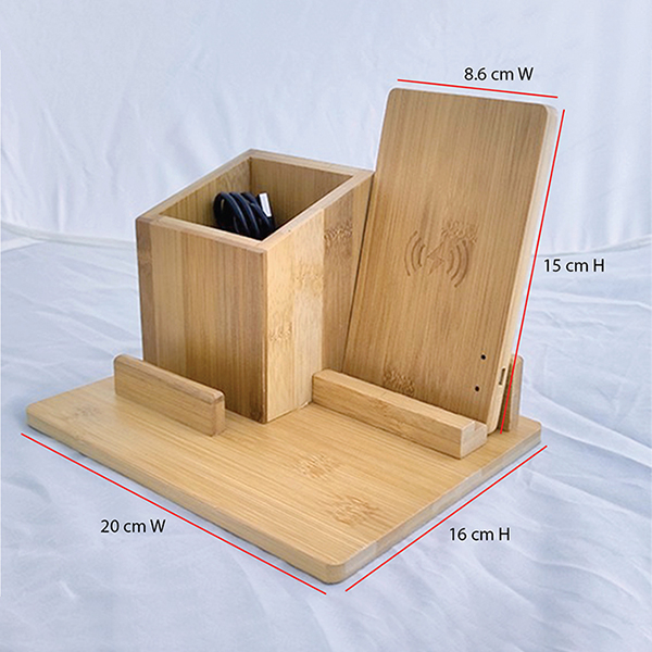 HM W99 BAMBOO QI FAST WIRELESS CHARGER PAD WITH STATIONARY ORGANIZER - Image 2