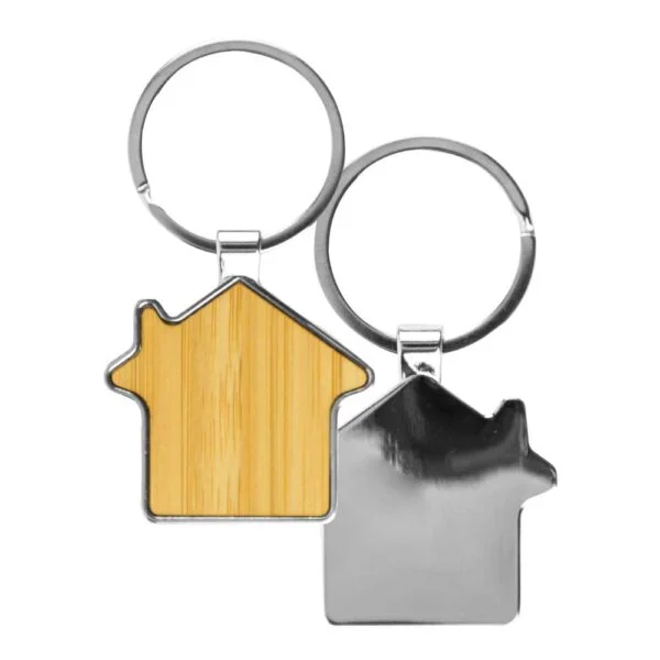 Bamboo and Metal Keychain House Shaped 32mm - Image 1