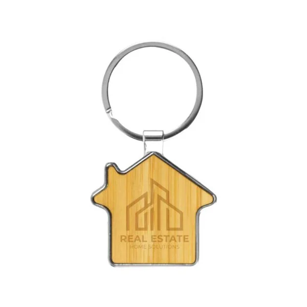 Bamboo and Metal Keychain House Shaped 32mm - Image 3