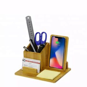 HM W99 BAMBOO QI FAST WIRELESS CHARGER PAD WITH STATIONARY ORGANIZER