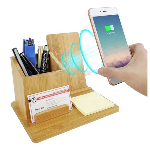 HM W99 BAMBOO QI FAST WIRELESS CHARGER PAD WITH STATIONARY ORGANIZER - Image 4